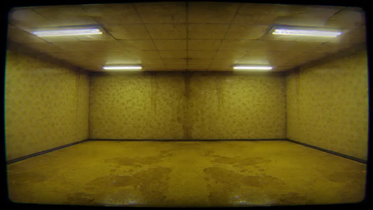 Habitación cuadrada de alfombra amarilla y paredes amarillentas con techo de placas fluorescentes