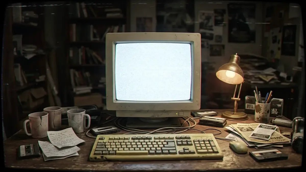 Escritorio desordenado con un monitor CRT encendido en blanco, teclado gastado y papeles