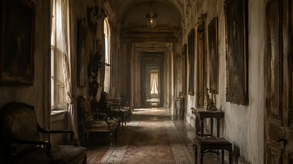 Pasillo de una casona antigua en una escena de misterio
