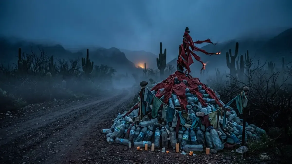 Santuario improvisado al costado de la ruta cubierto de telas rojas atadas, velas y botellas