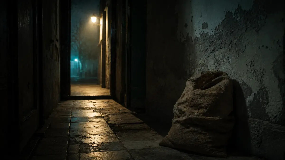Bolsa de arpillera vacía apoyada en la pared de un zaguán angosto y oscuro