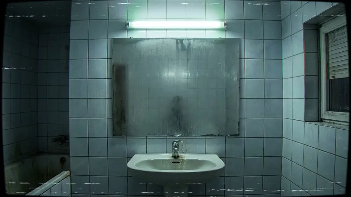 Baño doméstico con el espejo completamente empañado y sin ningún reflejo