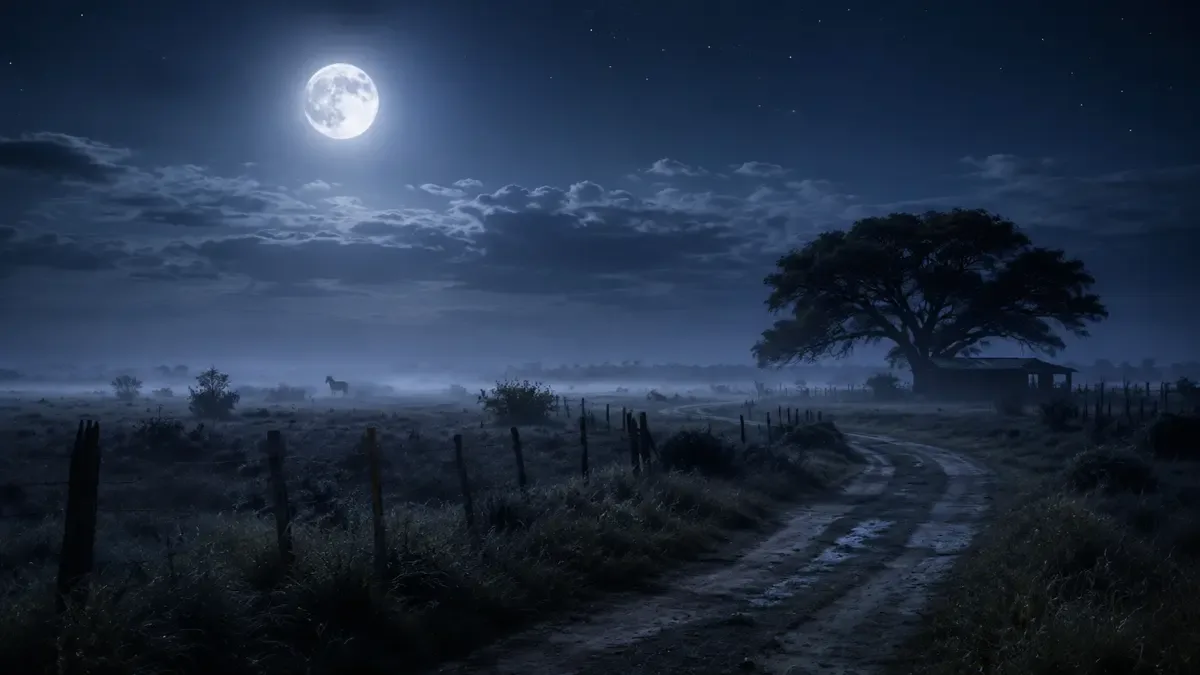 Paisaje rural nocturno asociado a la leyenda del Lobizón