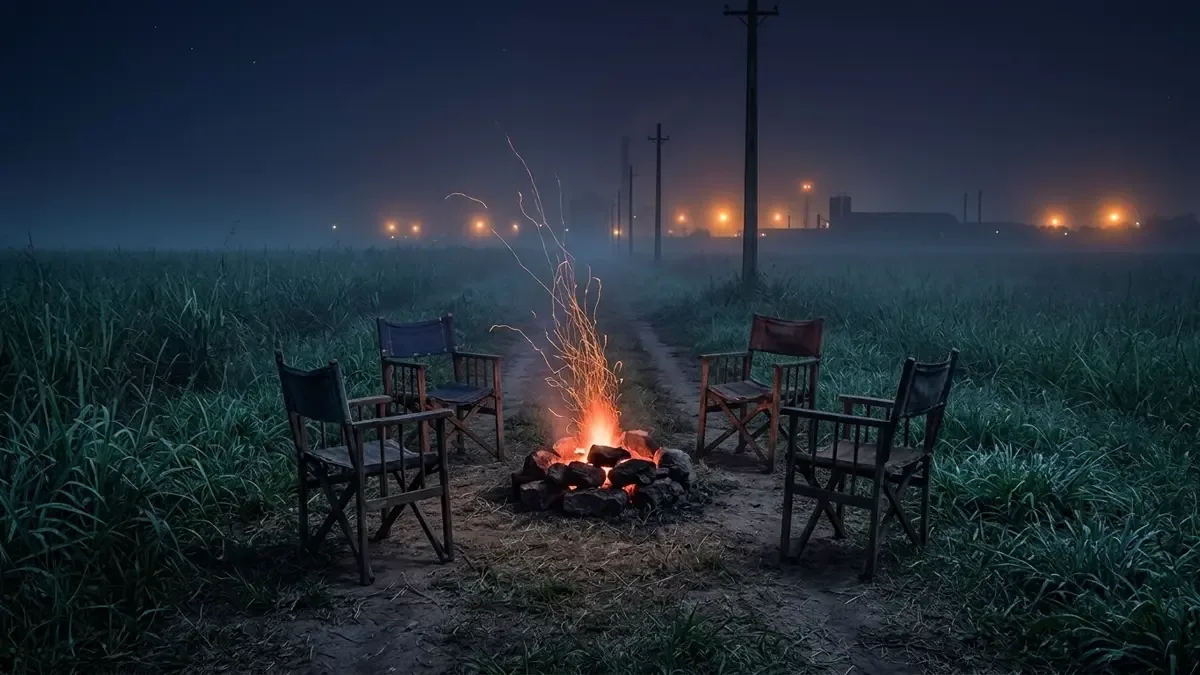 Leyendas argentinas por región: fogón bajo encendido en el campo abierto con sillas de madera vacías alrededor