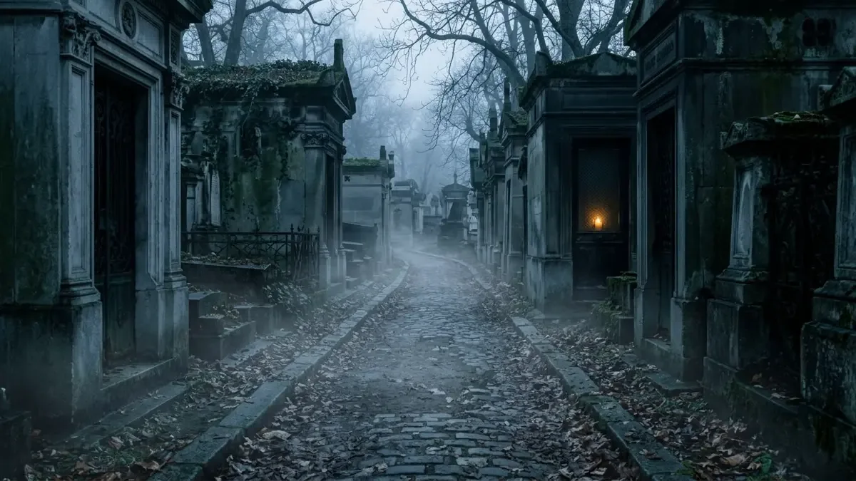 Leyendas del Cementerio de la Recoleta: pasillo angosto entre bóvedas de mármol de un cementerio antiguo con niebla al ras del piso