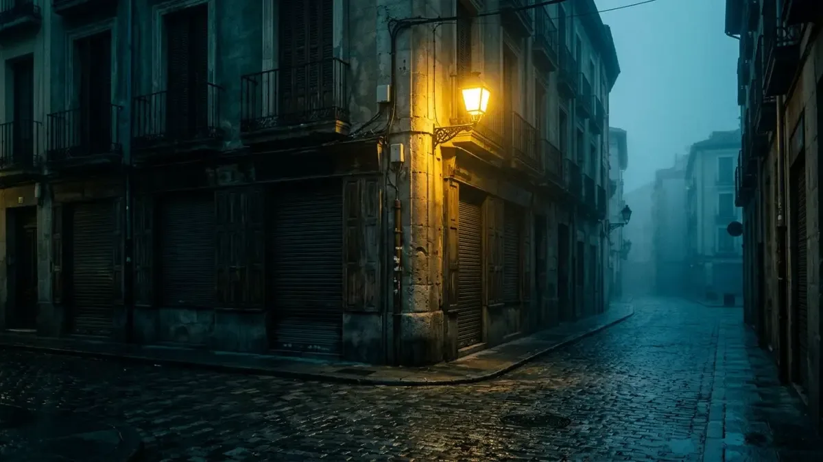 Leyendas urbanas argentinas: esquina de barrio de madrugada con farol amarillo, empedrado mojado y niebla baja