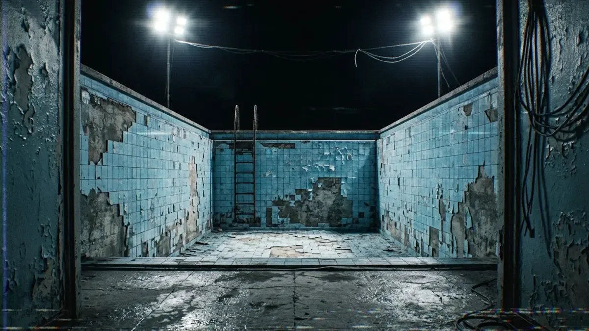 Liminal spaces: pileta de natación vacía iluminada de noche con azulejos celestes descascarados