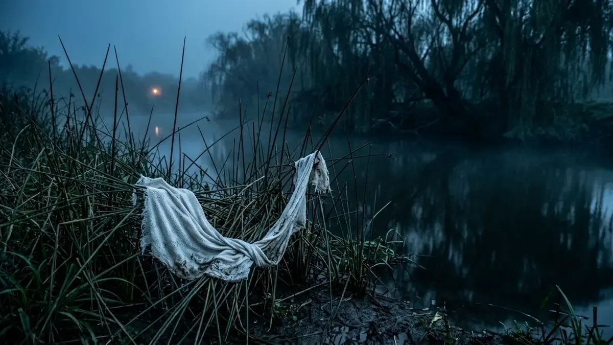 La Llorona: tela blanca enredada entre juncos en la orilla de un río de noche con niebla baja