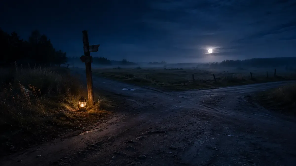 Cruce de dos caminos de tierra en el campo abierto de noche con un poste de madera torcido
