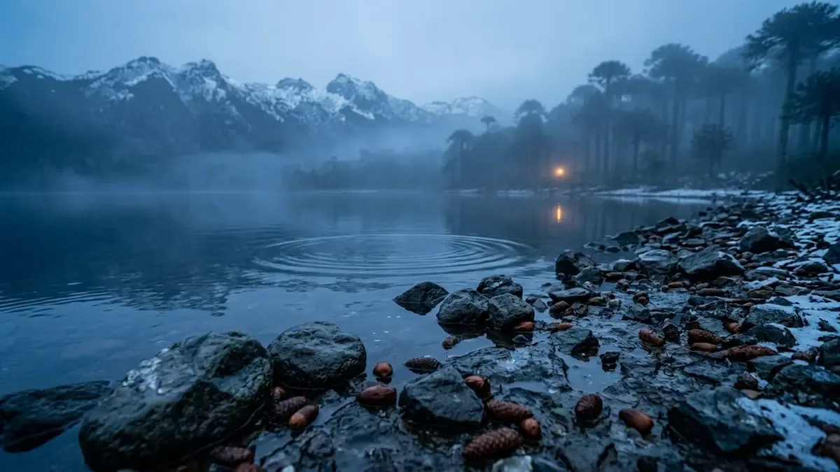 Estela circular abriéndose en el agua quieta junto a la orilla de piedras de un lago patagónico