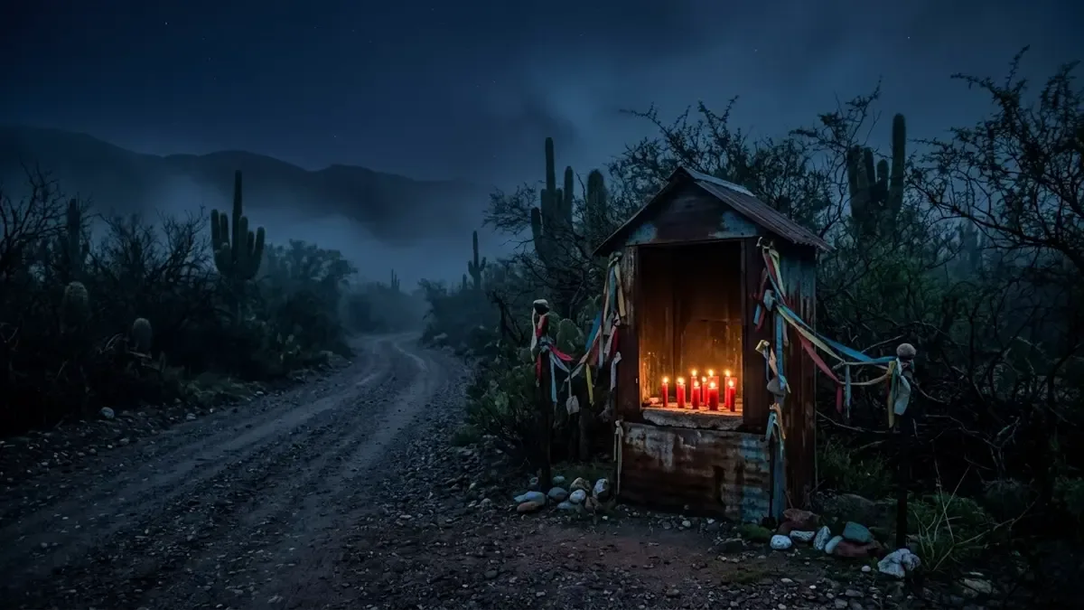 Nicho de chapa al costado de un camino rural con velas rojas encendidas y cintas atadas