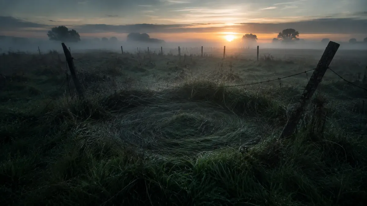 Mutilaciones de ganado: círculo de pasto aplastado en un campo de pastura al amanecer con neblina rasante