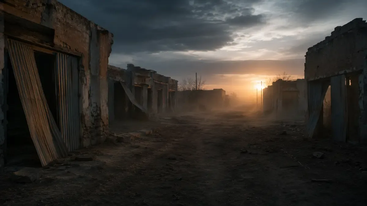 Pueblos fantasma de Argentina y sus historias: calle de tierra de un pueblo abandonado al atardecer con puertas de chapa entornadas y polvo suspendido