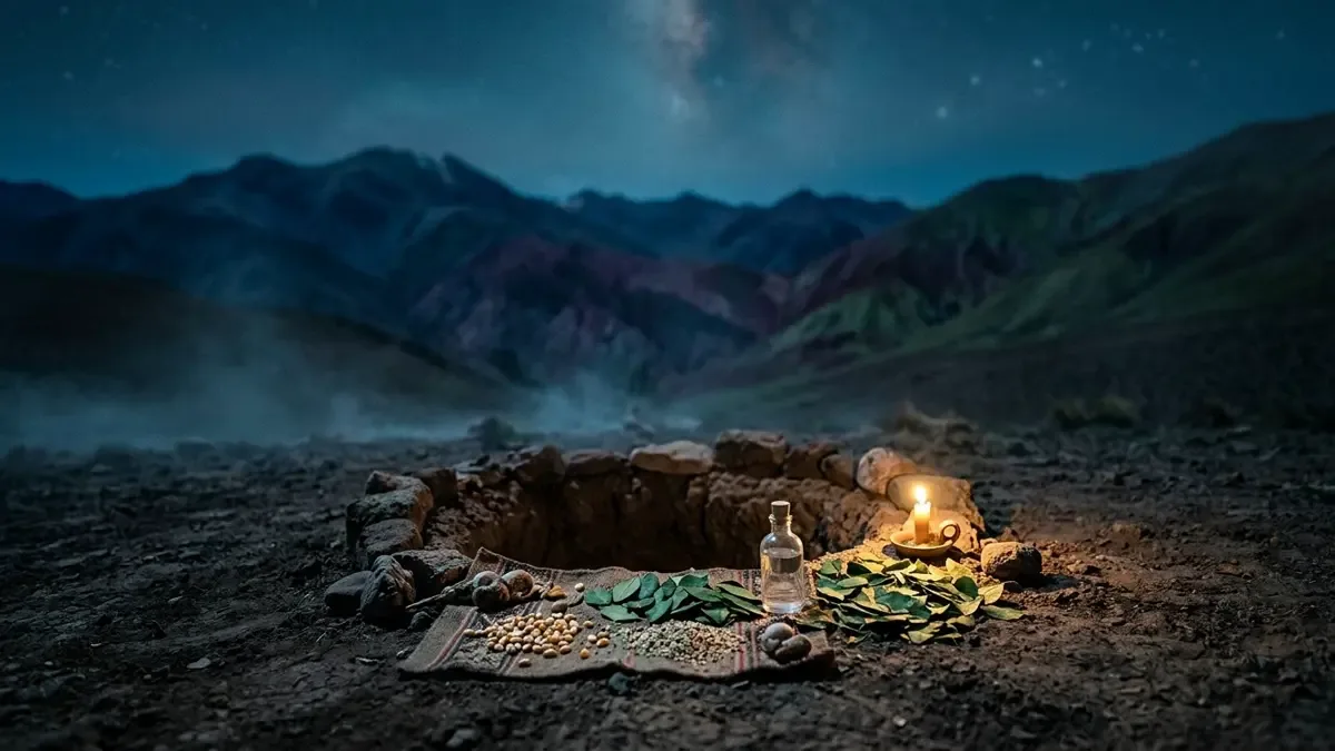 Pozo pequeño abierto en la tierra del altiplano con ofrendas de hojas, granos y una botella