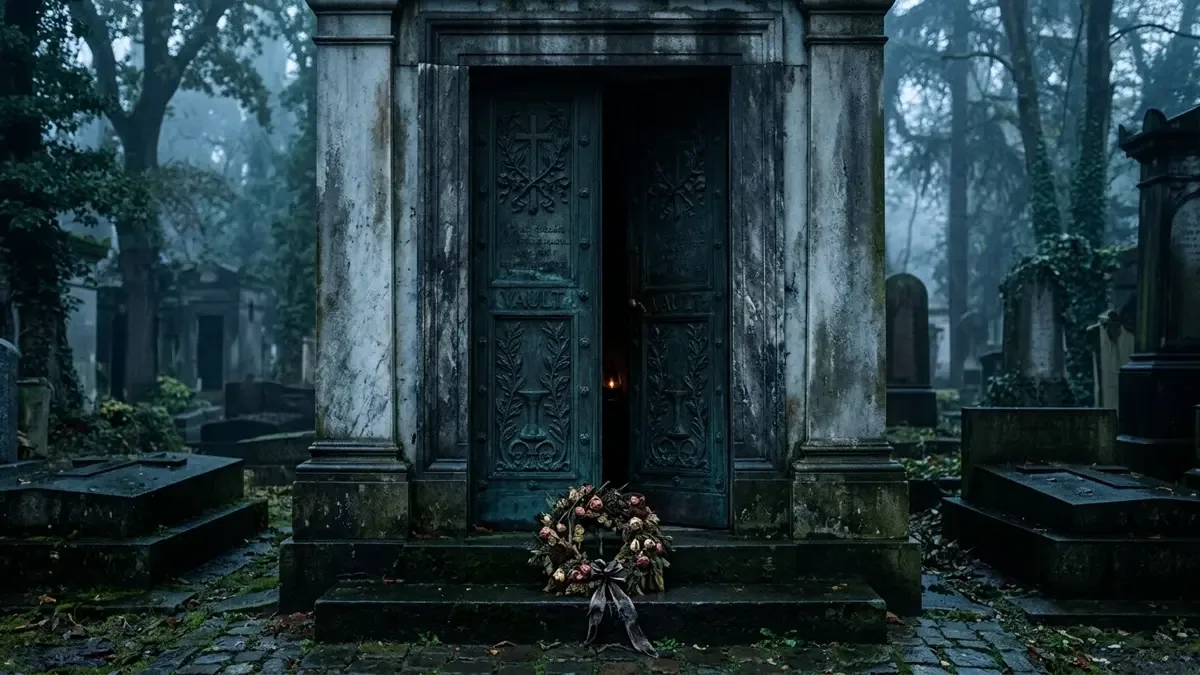 Puerta de bronce de una bóveda de mármol entreabierta con una corona de flores marchitas al pie