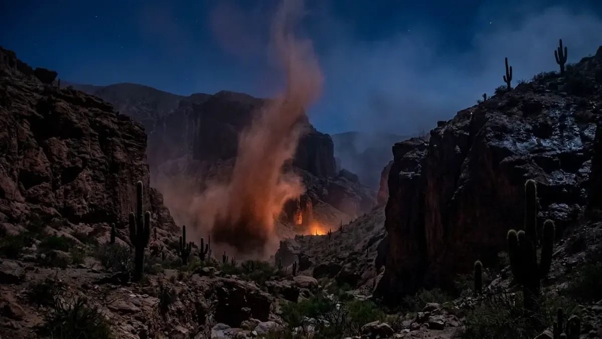 Remolino de polvo rojizo levantándose en una quebrada árida al atardecer
