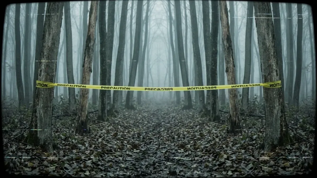 Cinta de precaución tendida entre troncos de un bosque bajo luz gris de día nublado