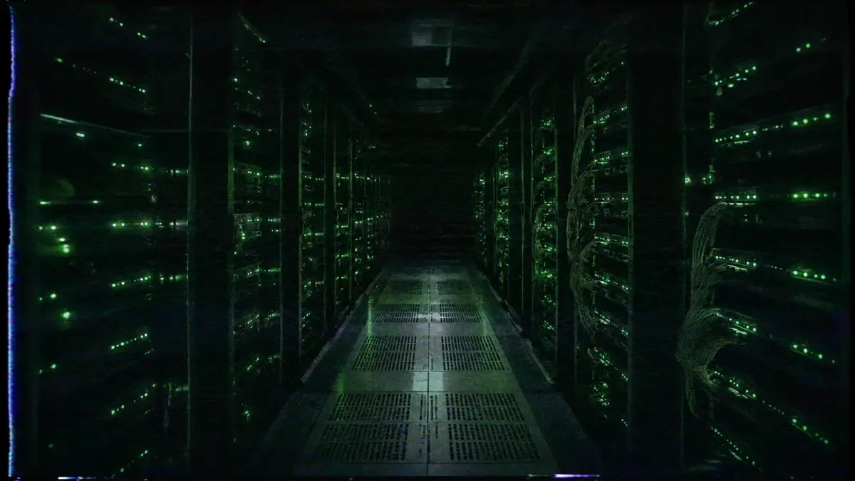 Pasillo entre racks de servidores con luces verdes titilando y ninguna persona en la sala
