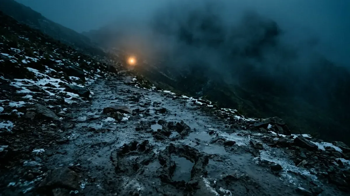 El Ucumar: huellas grandes y profundas en el barro helado de un sendero de cerro con niebla densa