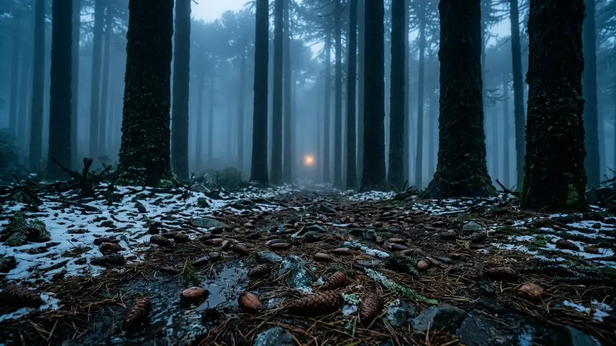 Bosque de araucarias de troncos rectos envuelto en niebla con piñones caídos en el suelo